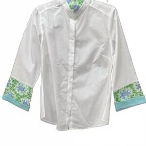 NEW PEARLY VINE women's beth bell sleeve shirt in white with aqua & green